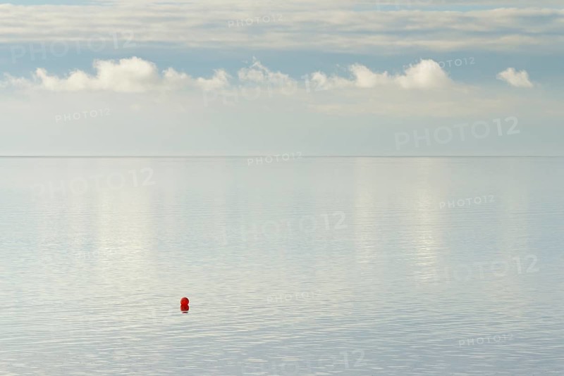 North Sea coast, special light atmosphere over the Wadden Sea with rising water and calm wind, red buoy, Norddeich, Lower Saxony, Germany