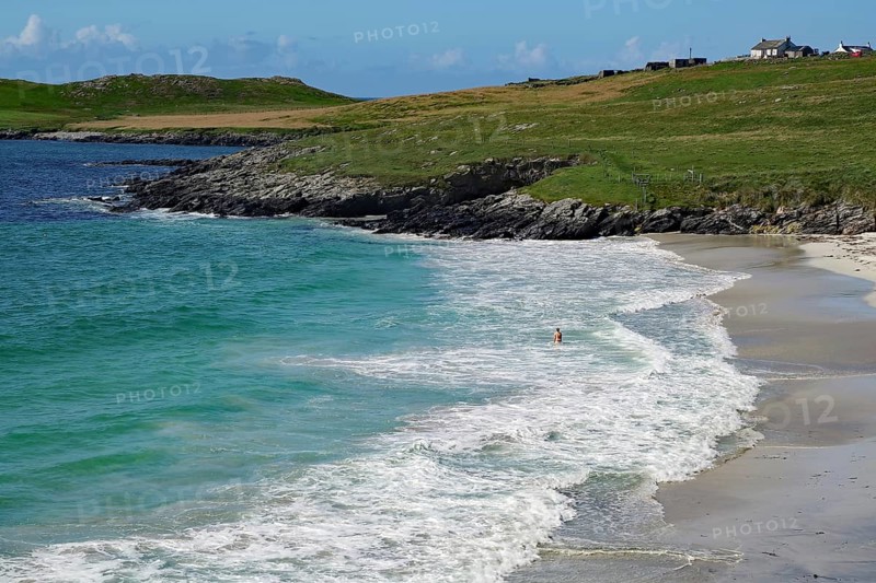 Coastline with white sand and gentle waves on a clear blue day, solitary figure in the water, Scalloway, Shetland Islands, Scotland, United Kingdom