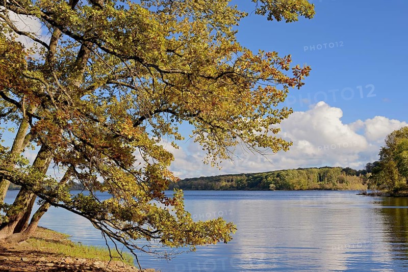View of Lake Möhne, reflection, autumn atmosphere, blue cloudy sky, Möhne Dam, North Rhine-Westphalia, Germany