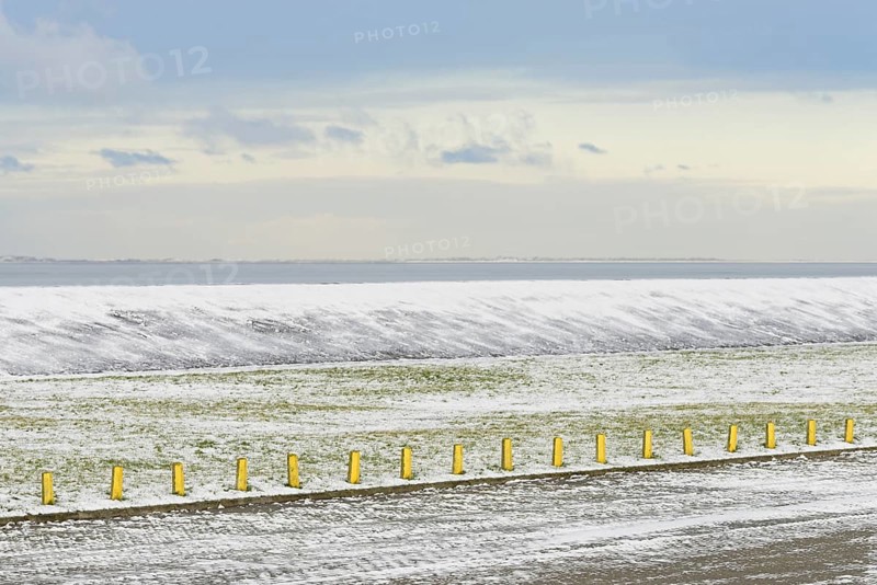 North Sea coast on a winter's day, snow-covered dyke and boundary posts, North Sea, Norddeich, Lower Saxony, Germany