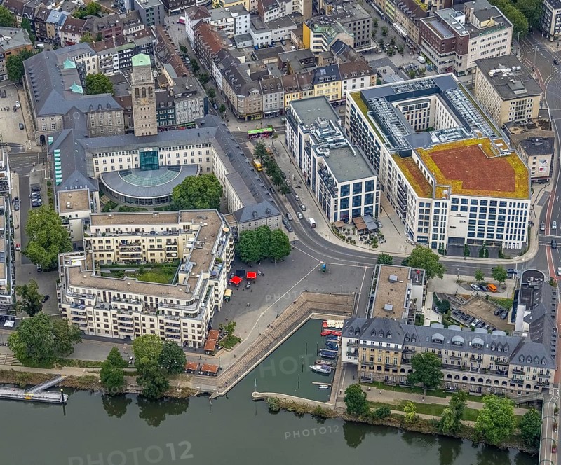 Aerial view, Ruhrbania, city centre of Mülheim, a week ago the Ruhr was flooded, course of the Ruhr, Broich - Ost, Mülheim an der Ruhr, Ruhr area, North Rhine-Westphalia, Germany, DE, Europe, birds-eyes view, aerial view, aerial photography, aerial photography, overview, bird's eye view, in front of and after