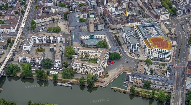 Aerial view, Ruhrbania, city centre of Mülheim, a week ago the Ruhr was flooded, course of the Ruhr, Broich - Ost, Mülheim an der Ruhr, Ruhr area, North Rhine-Westphalia, Germany, DE, Europe, birds-eyes view, aerial view, aerial photography, aerial photography, overview, bird's eye view