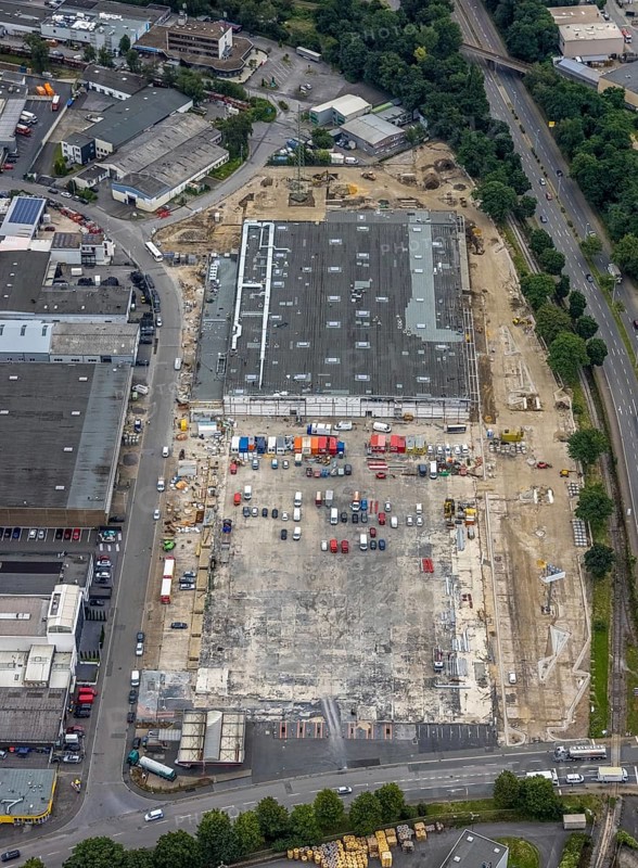 Aerial view, new construction of the burnt down Netto, Speldorf, Mülheim an der Ruhr, Ruhr area, North Rhine-Westphalia, Germany, DE, Europe, birds-eyes view, aerial photography, aerial photography, overview, overview, bird's eye view