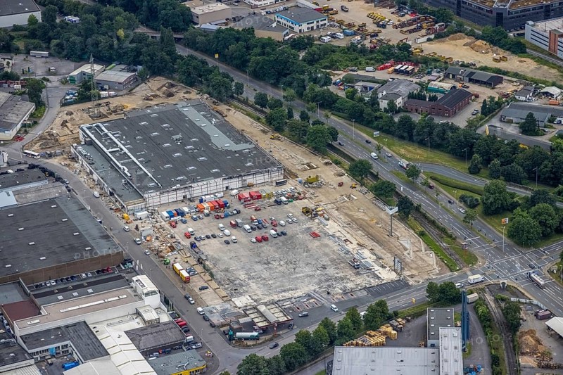 Aerial view, new construction of the burnt down Netto, Speldorf, Mülheim an der Ruhr, Ruhr area, North Rhine-Westphalia, Germany, DE, Europe, birds-eyes view, aerial photography, aerial photography, overview, overview, bird's eye view