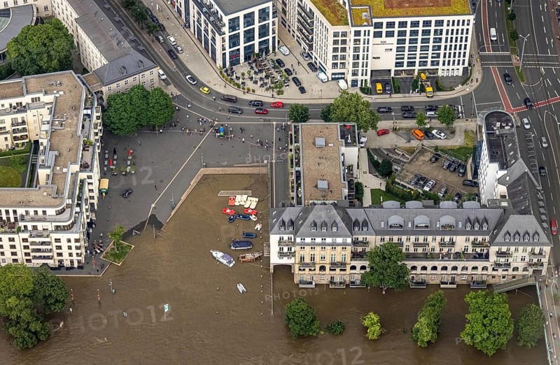 Aerial photo, Ruhr flood, flooding, Ruhrbania with flooding in the old town I, Mülheim an der Ruhr, Ruhr area, North Rhine-Westphalia, Germany, DE, Europe, birds-eyes view, aerial photo, aerial photography, aerial photography, overview, overview, bird's eye view, floods, floods of the century