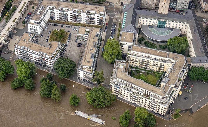 Aerial photo, Ruhr flood, flooding, Ruhrbania with flooding in the old town I, Mülheim an der Ruhr, Ruhr area, North Rhine-Westphalia, Germany, DE, Europe, birds-eyes view, aerial photo, aerial photography, aerial photography, overview, overview, bird's eye view, floods, floods of the century