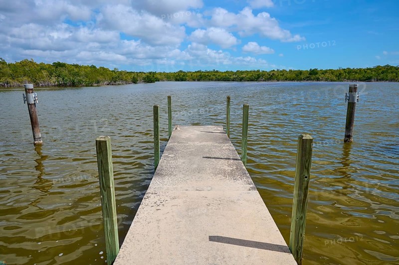 A concrete footbridge leads into the water, surrounded by tranquil nature and cloudy skies, West Lake View Point, Everglades National Park, Florida, USA