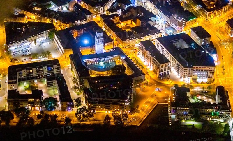 Aerial view, historic town hall, Altstadt I, Ruhrbania, Mülheim an der Ruhr, Ruhr area, North Rhine-Westphalia, Germany, authority, DE, twilight photography, Europe, light pollution, aerial photography, aerial photography, night, night photography, night flight, town hall, tower, overview, administrative building complex, bird's eye view, illuminated streets, birds-eyes view, nightflight, overview