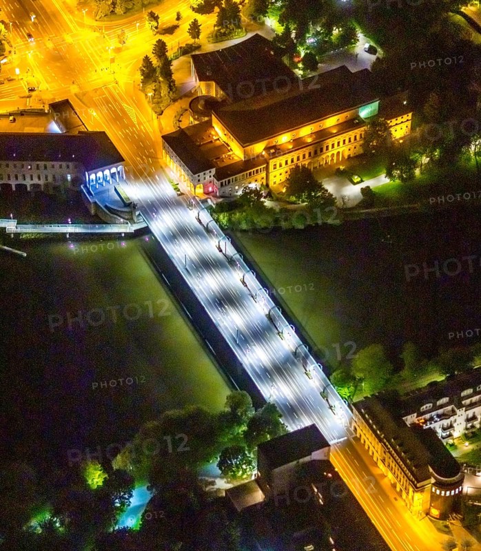 Aerial view, castle bridge over the river Ruhr, civic hall Mülheim, RWW Rheinisch-Westfälische Wasserwerksgesellschaft, Altstadt I, Mülheim an der Ruhr, Ruhr area, North Rhine-Westphalia, Germany, bridge, DE, twilight photography, Europe, culture, art, light pollution, aerial photograph, aerial photography, aerial photography, night, night photography, night flight, overview, events, venue, event location, bird's eye view, illuminated streets, birds-eyes view, blue light, cultural use, nightflight, overview