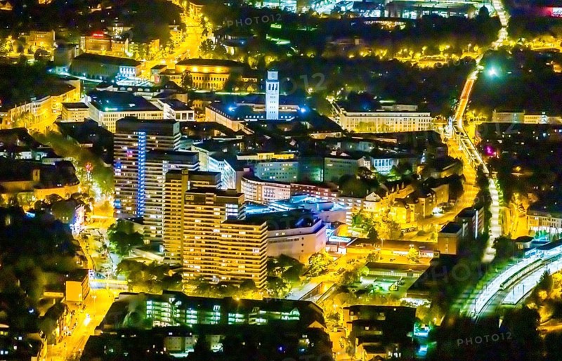 Aerial view, Technical Town Hall and Forum City Mülheim shopping centre Hans-Böckler-Platz, historic town hall, Altstadt II, Mülheim an der Ruhr, Ruhr area, North Rhine-Westphalia, Germany, authority, DE, twilight photography, shopping centre, shopping square, shopping centre, Europe, central station, skyscrapers, light pollution, aerial view, aerial photography, aerial photography, night, night shot, night flight, cycle highway, town hall, shopping, shopping centre, tower, overview, bird's-eye view, illuminated streets, birds-eyes view, nightflight, overview