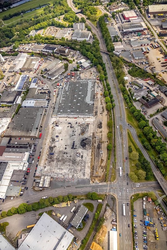 Aerial view, construction site harbour centre after real market fire, industrial area at Weseler Straße, Speldorf, Mülheim an der Ruhr, Ruhr area, North Rhine-Westphalia, Germany, construction work, construction area, construction site, construction project, construction site, DE, Europe, aerial view, aerial photography, aerial photography, overview, bird's-eye view, overview