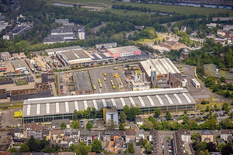 Aerial view, Ruhrbahn site, professional fire brigade, Zur Alten Dreherei, main workshop, Camera Obscura, Broich - Ost, Mülheim an der Ruhr, Ruhr area, North Rhine-Westphalia, Germany, DE, Europe, fire station, fire brigade, aerial view, aerial photography, aerial photography, overview, bird's-eye view, overview