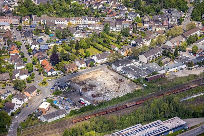 Aerial photo, construction site Heerstraße, Speldorf, Mülheim an der Ruhr, Ruhr area, North Rhine-Westphalia, Germany, construction work, construction area, construction site, building plots, construction project, construction site, DE, Europe, Lomberg site, aerial photograph, aerial photography, aerial photography, overview, bird's-eye view, overview