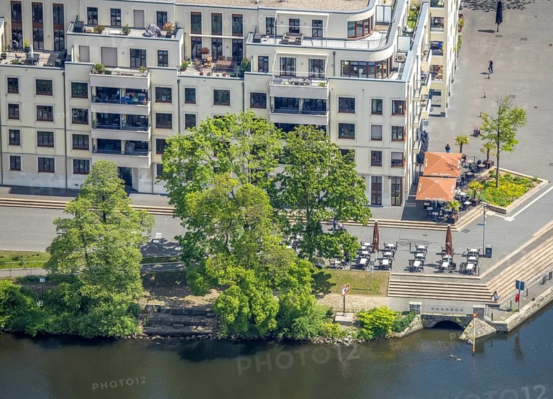 Aerial view, Ruhrpromenade Mülheim, outdoor catering, Altstadt I, Mülheim an der Ruhr, Ruhr area, North Rhine-Westphalia, Germany, Altstadt, Corona crisis, Corona measures, Corona virus, Covid-19, DE, Europe, gastronomy, aerial view, aerial photography, aerial photography, Ruhrpromenade, overview, bird's-eye view, overview