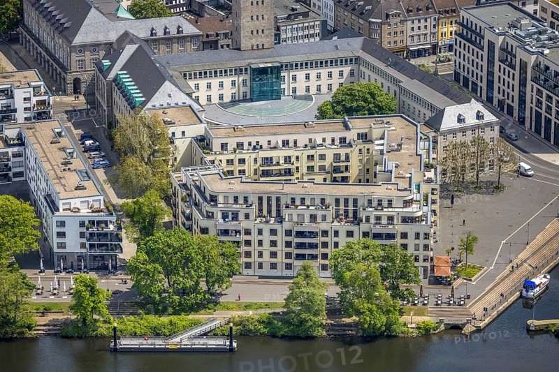Aerial view, Ruhrpromenade Mülheim, outdoor catering, town hall, Altstadt I, Mülheim an der Ruhr, Ruhr area, North Rhine-Westphalia, Germany, Altstadt, authority, Corona crisis, Corona measures, Corona virus, Covid-19, DE, Europe, gastronomy, aerial view, aerial photography, aerial photography, Ruhrpromenade, overview, bird's-eye view, bird's-eye view, overview