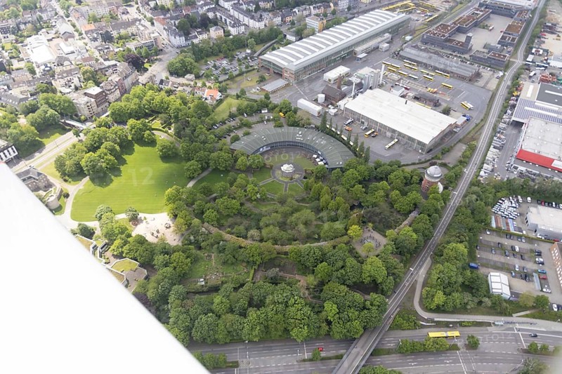 Aerial view, roundhouse in the park at Broich Castle, Camera Obscura, Broich - Ost, Mülheim an der Ruhr, Ruhr area, North Rhine-Westphalia, Germany, DE, Darlington Park, Europe, leisure facility, green area, aerial view, aerial photography, aerial photography, museum, MüGa-Park, Ruhrbahn AG Aufstellhalle, sight, tower, overview, bird's-eye view, walk-in camera obscura, birds-eyes view, overview