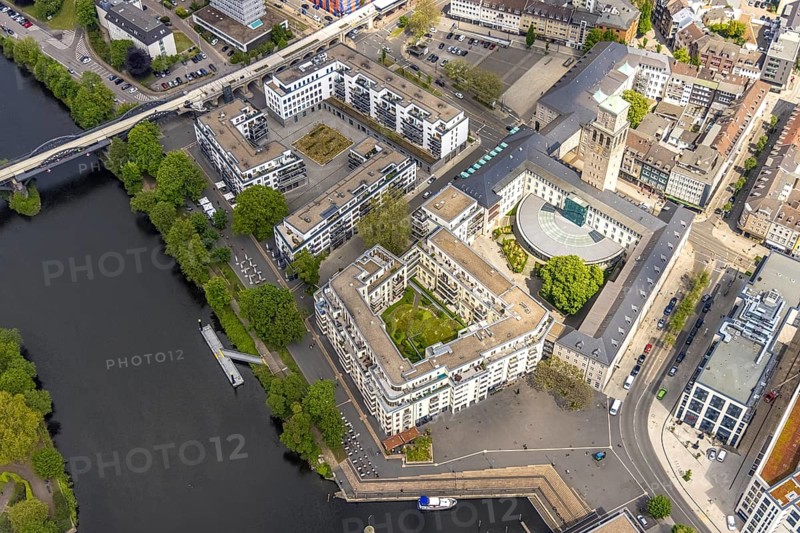 Aerial view, town hall and Ruhr promenade Mülheim, outdoor catering, Altstadt I, Mülheim an der Ruhr, Ruhr area, North Rhine-Westphalia, Germany, Altstadt, authority, Corona crisis, Corona measures, Corona virus, Covid-19, DE, Europe, gastronomy, aerial view, aerial photography, aerial photography, town hall, Ruhr promenade, overview, bird's-eye view, bird's-eye view, overview