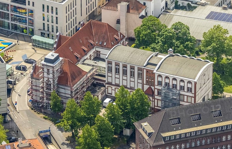 Aerial view, Forum City Mülheim, renovation of the Mülheim an der Ruhr art museum in the old post office, Altstadt II, Mülheim an der Ruhr, Ruhr area, North Rhine-Westphalia, Germany, DE, Europe, culture, art, art museum, aerial view, aerial photography, aerial photography, museum, renovation, refurbishment, synagogue square, overview, bird's-eye view, overview