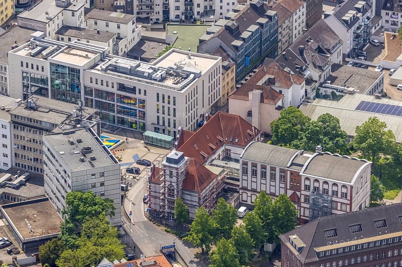 Aerial view, Forum City Mülheim, renovation of the Mülheim an der Ruhr art museum in the old post office, Altstadt II, Mülheim an der Ruhr, Ruhr area, North Rhine-Westphalia, Germany, DE, Europe, culture, art, art museum, aerial view, aerial photography, aerial photography, museum, renovation, refurbishment, synagogue square, overview, bird's-eye view, overview