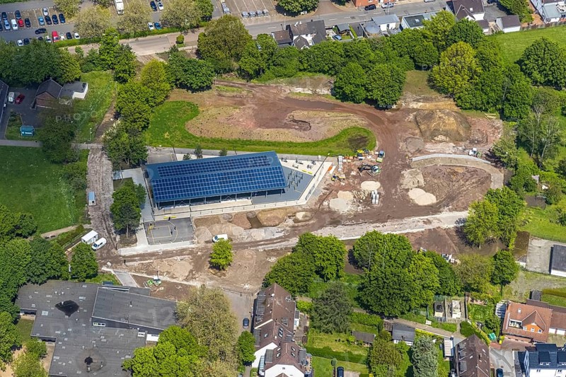 Aerial view, construction site at Sportpark Styrum, Styrum, Mülheim an der Ruhr, Ruhr area, North Rhine-Westphalia, Germany, Augustastrasse, construction work, construction area, building site, building plots, construction project, construction site, DE, Europe, aerial view, aerial photography, aerial photography, sports facility, overview, bird's-eye view, overview