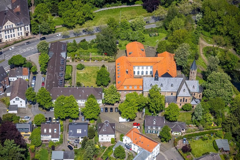 Aerial view, Saarn Monastery, Catholic Parish of St. Mary's Assumption, Saarn, Mülheim an der Ruhr, Ruhr area, North Rhine-Westphalia, Germany, place of worship, DE, Europe, religious community, place of worship, sacred site, church, parish, monastery, monastery street, denomination, aerial view, aerial photography, aerial photography, religion, religious site, overview, bird's-eye view, overview