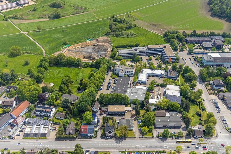 Aerial view, construction site and construction of a filter plant at Aubergweg, industrial area Remscheider Straße, Saarn, Mülheim an der Ruhr, Ruhr area, North Rhine-Westphalia, Germany, construction work, construction area, construction site, building site, construction project, construction site, DE, Europe, commercial enterprises, commercial area, commercial area, commercial site, commercial use, industrial area, industrial site, aerial view, aerial photography, aerial photography, overview, bird's eye view, birds-eyes view, overview