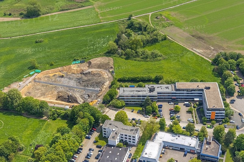 Aerial view, construction site and construction of a filter plant at Aubergweg, industrial area Remscheider Straße, Saarn, Mülheim an der Ruhr, Ruhr area, North Rhine-Westphalia, Germany, construction work, construction area, construction site, building site, construction project, construction site, DE, Europe, commercial enterprises, commercial area, commercial area, commercial site, commercial use, industrial area, industrial site, aerial view, aerial photography, aerial photography, overview, bird's eye view, birds-eyes view, overview