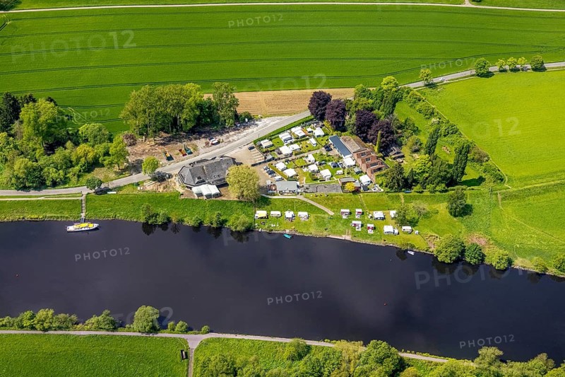 Aerial view, camping site and Dicken am Damm Cafe, Saarn, Mülheim an der Ruhr, Ruhr area, North Rhine-Westphalia, Germany, camping, camping facility, camping mobile, campsite, DE, Europe, leisure, gastronomy, aerial photography, aerial photography, aerial photography, overview, bird's eye view, motorhome, caravan, birds-eyes view, overview