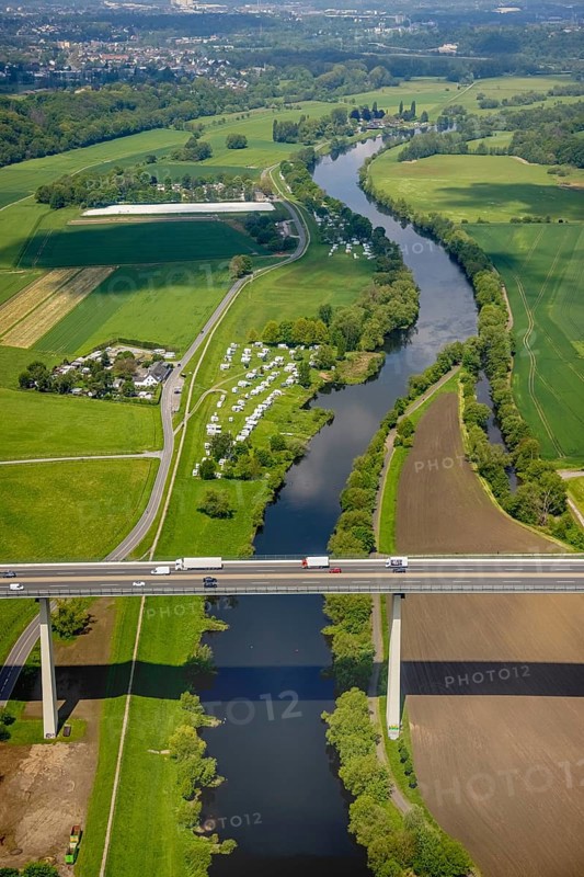 Aerial view, river Ruhr, Mintarder Ruhrtalbrücke, Leinpfad, Campingplatz Staader Loch, Saarn, Mülheim an der Ruhr, Ruhr area, North Rhine-Westphalia, Germany, motorway A52, motorway bridge, bridge, camping, camping site, campsite, DE, Europe, distant view, leisure, aerial view, aerial photography, aerial photography, overview, bird's-eye view, overview