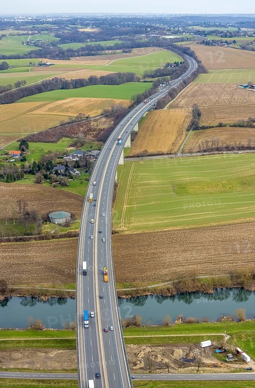 Aerial view, Mintarder Ruhrtalbrücke, motorway A52, river Ruhr, construction site under the bridge, Saarn, Mülheim an der Ruhr, Ruhr area, North Rhine-Westphalia, Germany, motorway bridge, construction work, construction area, building site, building plots, construction project, construction site, DE, Europe, aerial view, aerial photography, aerial photography, new construction, Ruhrtalbrücke, road traffic, overview, bird's-eye view, meadows and fields, birds-eyes view, overview