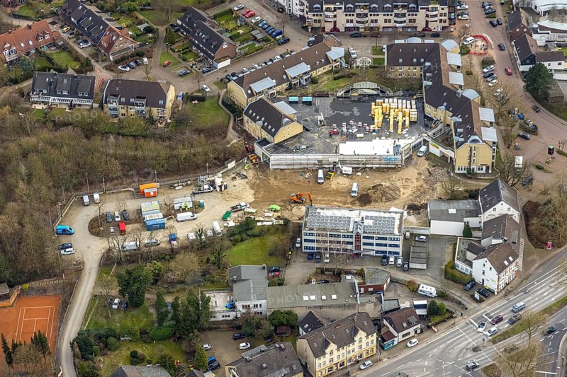 Aerial view, construction site building Düsseldorfer Straße 116, Zur Alten Mühle, Saarn, Mülheim an der Ruhr, Ruhr area, North Rhine-Westphalia, Germany, construction work, construction, construction area, construction site, building plots, construction project, construction site, DE, Europe, aerial view, aerial photography, aerial photography, aerial photography, new building, overview, bird's eye view, birds-eyes view, overview