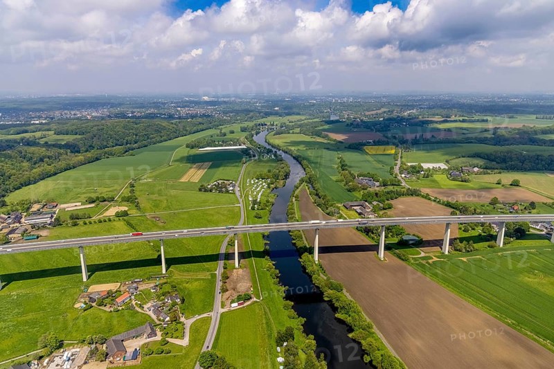 Aerial view, river Ruhr, Mintarder Ruhrtalbrücke, Leinpfad, Campingplatz Staader Loch, Saarn, Mülheim an der Ruhr, Ruhr area, North Rhine-Westphalia, Germany, motorway A52, motorway bridge, bridge, camping, camping site, campsite, DE, Europe, distant view, leisure, aerial view, aerial photography, aerial photography, overview, bird's-eye view, overview