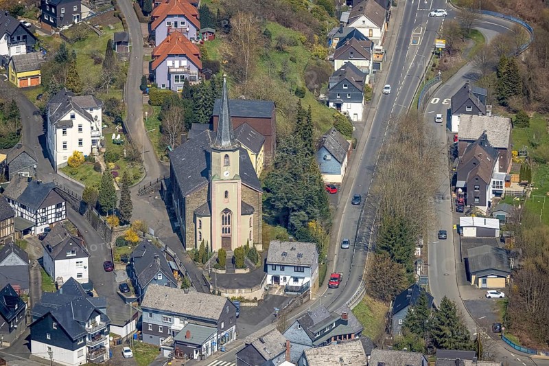Parish church Maria Himmelfahrt of the parish Heilig Geist, Birken, Mudersbach, Siegerland, Rhineland-Palatinate, Germany, place of worship, DE, Europe, religious community, place of worship, holy place, church, parish, denomination, aerial view, aerial photograph, aerial photography, aerial photography, religion, religious site, overview, bird's-eye view, birds-eyes view, overview