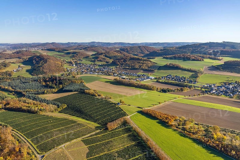 Aerial view, meadows and fields with St. Severinus parish church in the district of Calle in Meschede, Sauerland, North Rhine-Westphalia, Germany, place of worship, DE, Europe, religious community, place of worship, sacred site, hilly landscape, church, parish, denomination, aerial view, aerial photography, aerial photography, Meschede, religion, religious site, overview, bird's-eye view, meadows and fields, birds-eyes view, overview