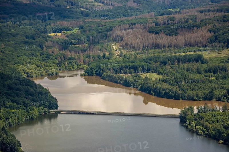 Aerial view, flood after heavy rainfall, Möhne dam with water level, Günne, Lake Möhne, Sauerland, North Rhine-Westphalia, Germany, DE, Europe, birds-eyes view, aerial view, aerial photography, aerial photography, overview, bird's eye view, flood, Möhne river