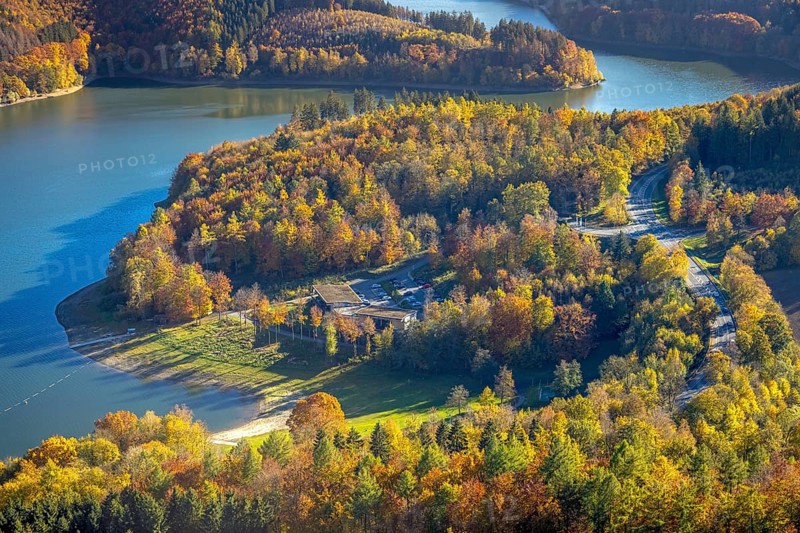 Aerial view, Restaurant H1 am See am Hennesee in autumn colours in the district Berghausen in Meschede, Sauerland, North Rhine-Westphalia, Germany, Café, DE, Europe, gastronomy, Hennesee, Hennetalsperre, autumn colours, autumn forest, autumn forest colours, aerial view, aerial photography, aerial photography, Meschede, restaurant, overview, bird's-eye view, birds-eyes view, autumn forest, overview