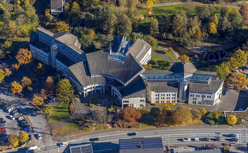 Aerial view, Hochsauerlandkreis Kreishaus Meschede in Meschede-Stadt in Meschede, Sauerland, North Rhine-Westphalia, Germany, authority, DE, Europe, Kreishaus, aerial view, aerial photography, aerial photography, Meschede, overview, bird's-eye view, birds-eyes view, overview