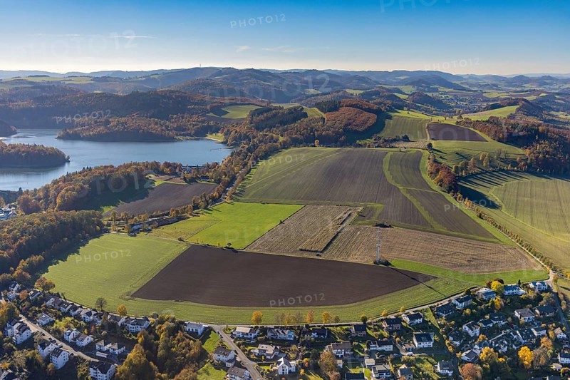 Aerial view, meadows and fields in autumnal hilly landscape at the Hennesee in the district Berghausen in Meschede, Sauerland, North Rhine-Westphalia, Germany, DE, Europe, Hennetalsperre, autumn colours, autumn forest, hilly landscape, aerial view, aerial photography, aerial photography, Meschede, overview, bird's eye view, meadows and fields, birds-eyes view, autumnal forest, overview