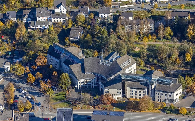 Aerial view, Hochsauerlandkreis Kreishaus Meschede in Meschede-Stadt in Meschede, Sauerland, North Rhine-Westphalia, Germany, authority, DE, Europe, Kreishaus, aerial view, aerial photography, aerial photography, Meschede, overview, bird's-eye view, birds-eyes view, overview