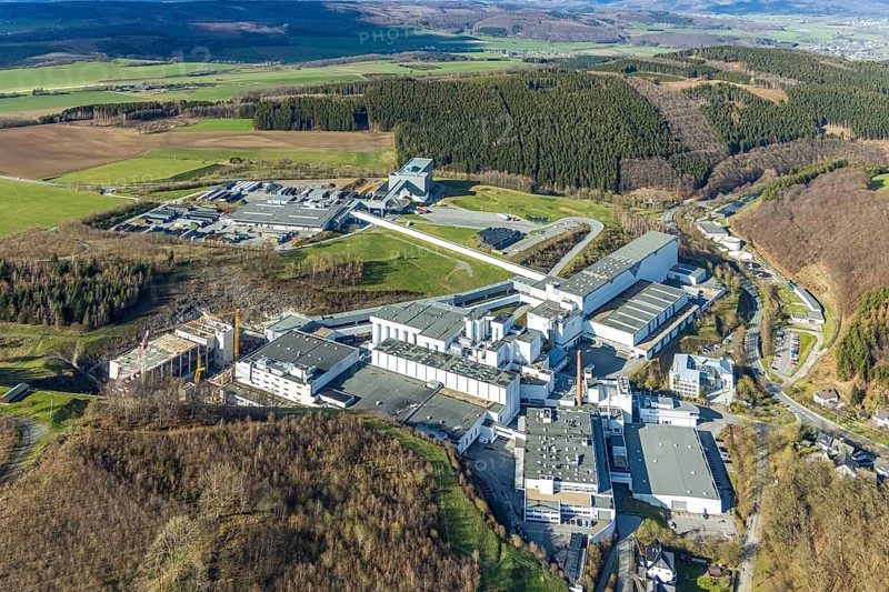Brewery C.& A. VELTINS GmbH & Co. KG, construction site and new building, Grevenstein, Meschede, Sauerland, North Rhine-Westphalia, Germany, construction work, construction area, construction site, building plots, construction project, construction site, DE, Europe, aerial photograph, aerial photography, aerial photography, new building, Sundern, overview, Veltins brewery, bird's-eye view, birds-eyes view, overview