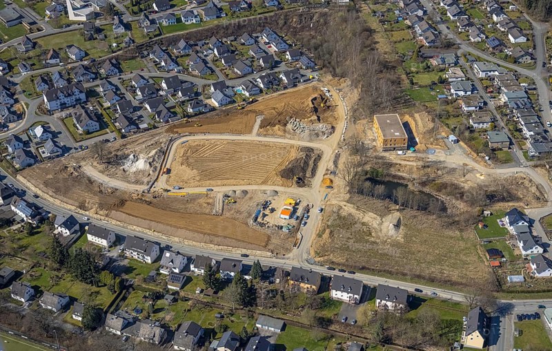 Aerial view, construction area residential development Waldstraße, new development area Ziegelei II, building in timber construction, Meschede town, Meschede, Sauerland, North Rhine-Westphalia, Germany, construction work, construction vehicles, construction area, construction site, building plots, construction project, construction site, bridge, DE, development, Europe, site of the former concrete plant, property tax, real estate, capacity requirements, aerial view, aerial photography, aerial photography, overview, bird's-eye view, housing estate, housing and living, residential area, residential buildings, residential quality, residential neighbourhood, housing estate, birds-eyes view, overview