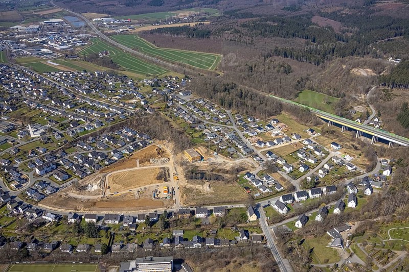 Aerial view, construction area residential development Waldstraße, new development area Ziegelei II, building in timber construction, motorway A46 viaduct, Meschede town, Meschede, Sauerland, North Rhine-Westphalia, Germany, construction work, construction vehicles, construction area, construction site, building plots, construction project, construction site, bridge, DE, development, Europe, site of former concrete plant, property tax, real estate, capacity requirements, aerial view, aerial photography, aerial photography, overview, bird's-eye view, residential area, housing and living, residential area, residential buildings, residential quality, residential neighbourhood, housing estate, birds-eyes view, overview