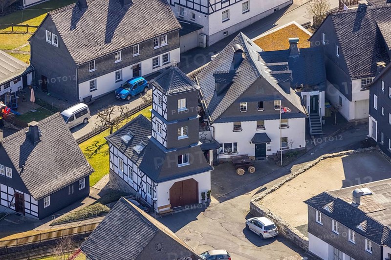 Aerial view, old fire station, half-timbered house, Rittergasse, Eversberg, Meschede, Sauerland, North Rhine-Westphalia, Germany, DE, Europe, aerial view, aerial photography, aerial photography, sight, overview, bird's-eye view, historical, overview