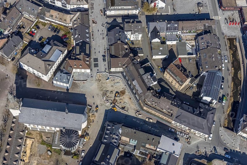 Aerial view, Redevelopment and remodelling Kaiser-Otto-Platz, Catholic parish church St. Walburga, Meschede-Stadt, Meschede, Sauerland, North Rhine-Westphalia, Germany, place of worship, construction work, construction area, building site, building plots, construction project, construction site, DE, Europe, religious community, place of worship, holy place, church, parish, denomination, aerial view, aerial photography, aerial photography, religion, religious site, overview, bird's-eye view, overview