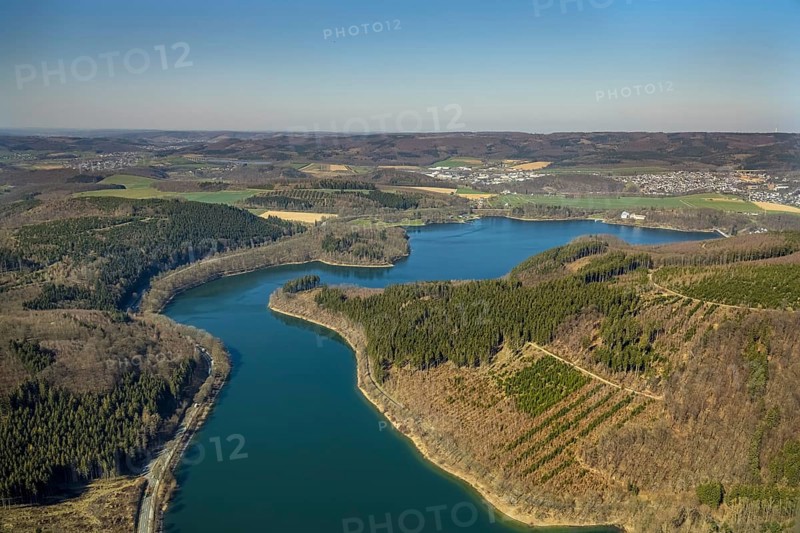 Aerial view, Hennesee, Hennetalsperre, Berghausen, Meschede, Sauerland, North Rhine-Westphalia, Germany, DE, Europe, hilly landscape, aerial view, aerial photography, aerial photography, lake, reservoir, overview, bird's-eye view, overview