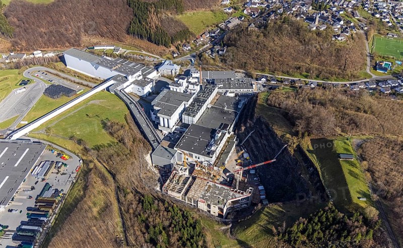 Brewery C.& A. VELTINS GmbH & Co. KG, construction site and new building, Grevenstein, Meschede, Sauerland, North Rhine-Westphalia, Germany, construction work, construction area, construction site, building plots, construction project, construction site, DE, Europe, aerial photograph, aerial photography, aerial photography, new building, Sundern, overview, Veltins brewery, bird's-eye view, birds-eyes view, overview