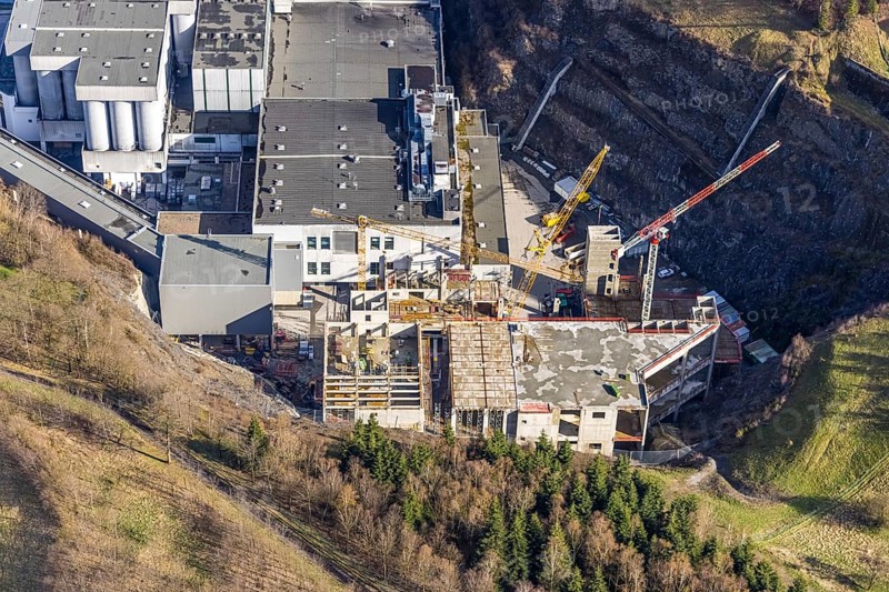 Brewery C.& A. VELTINS GmbH & Co. KG, construction site and new building, Grevenstein, Meschede, Sauerland, North Rhine-Westphalia, Germany, construction work, construction area, construction site, building plots, construction project, construction site, DE, Europe, aerial photograph, aerial photography, aerial photography, new building, Sundern, overview, Veltins brewery, bird's-eye view, birds-eyes view, overview