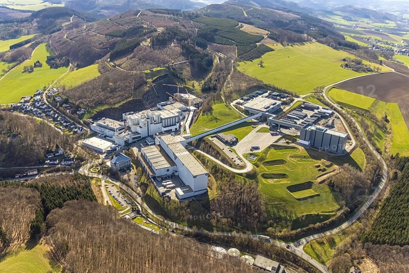 Brewery C.& A. VELTINS GmbH & Co. KG, construction site and new building, Grevenstein, Meschede, Sauerland, North Rhine-Westphalia, Germany, construction work, construction area, construction site, building plots, construction project, construction site, DE, Europe, aerial photograph, aerial photography, aerial photography, new building, Sundern, overview, Veltins brewery, bird's-eye view, birds-eyes view, overview