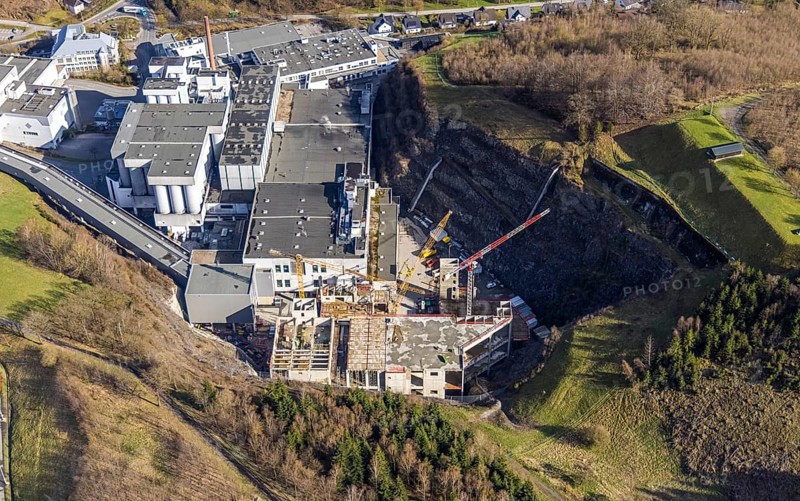 Brewery C.& A. VELTINS GmbH & Co. KG, construction site and new building, Grevenstein, Meschede, Sauerland, North Rhine-Westphalia, Germany, construction work, construction area, construction site, building plots, construction project, construction site, DE, Europe, aerial photograph, aerial photography, aerial photography, new building, Sundern, overview, Veltins brewery, bird's-eye view, birds-eyes view, overview