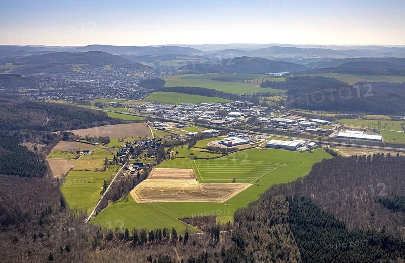 Aerial view, industrial area Enste, motorway A46, Meschede, Sauerland, North Rhine-Westphalia, Germany, DE, Enster Straße, Europe, distant view, hilly landscape, aerial view, aerial photography, aerial photography, overview, bird's eye view, forest area, birds-eyes view, overview